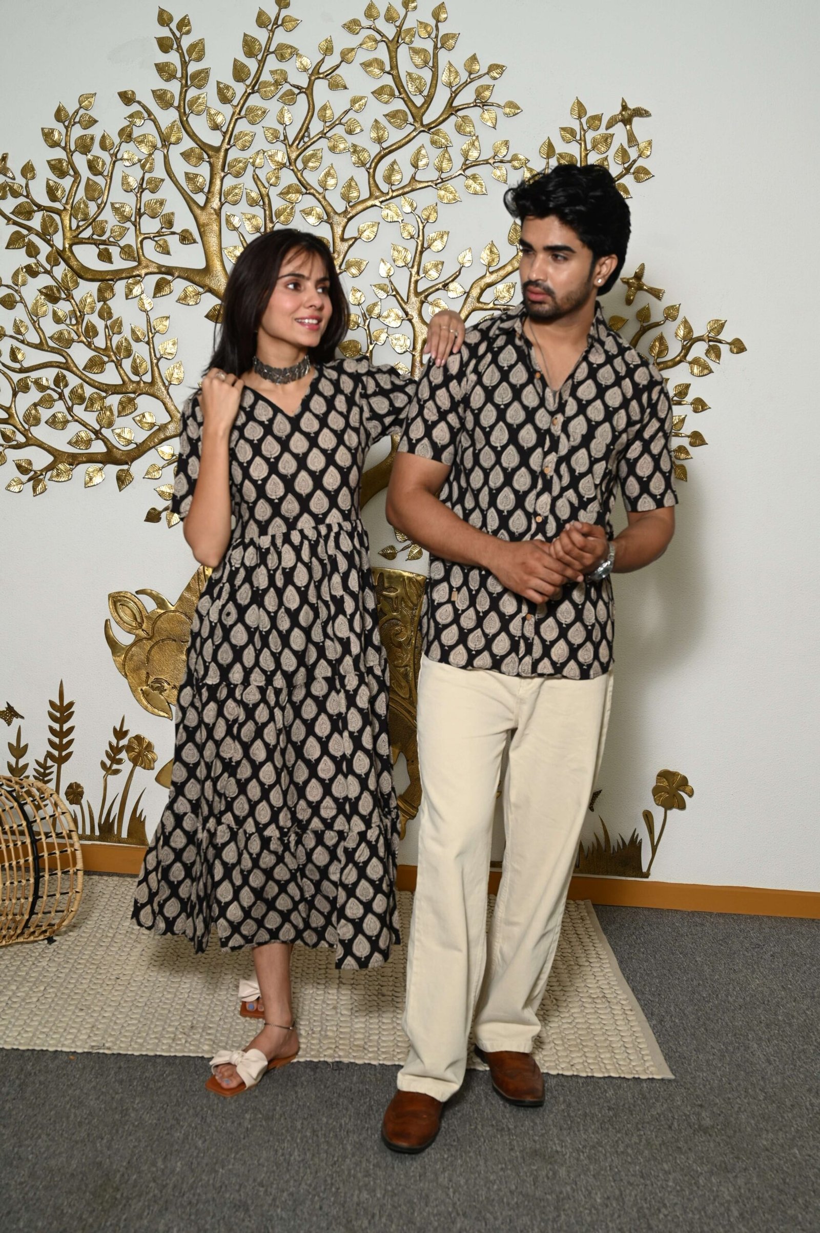 Couple Matching Black & Beige Cotton Anarkali Midi Dress and Shirt Set ? Leaf Print Twinning Outfit - Image 3